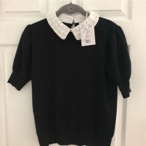 NWTS pearl Maryjane collar short slightly puffy  shoulder black pullover